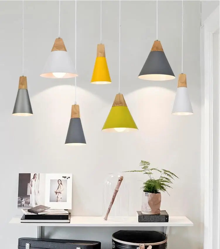 Nordic Real Wood Pendant Lights – Multicolor Aluminum Lampshade for Dining Room and Home Lighting Décor