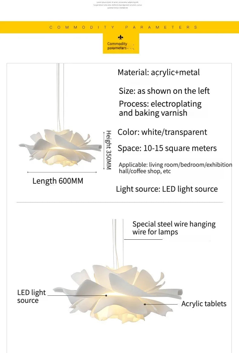Postmodern White Flower LED Pendant Light – Elegant Petal Design for Bedrooms, Restaurants, Bars, and Stores