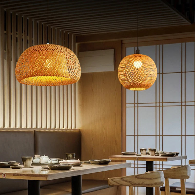 Hand-Woven Bamboo Lantern Pendant Light – 30cm Natural Rattan Wicker E27 LED Chandelier Lampshade for Elegant Lighting Decor