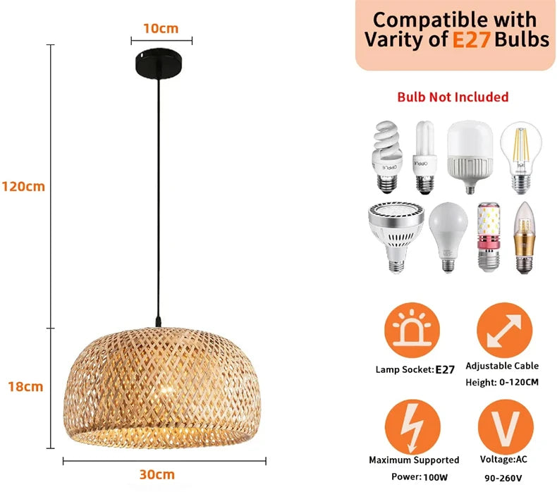Hand-Woven Bamboo Lantern Pendant Light – 30cm Natural Rattan Wicker E27 LED Chandelier Lampshade for Elegant Lighting Decor