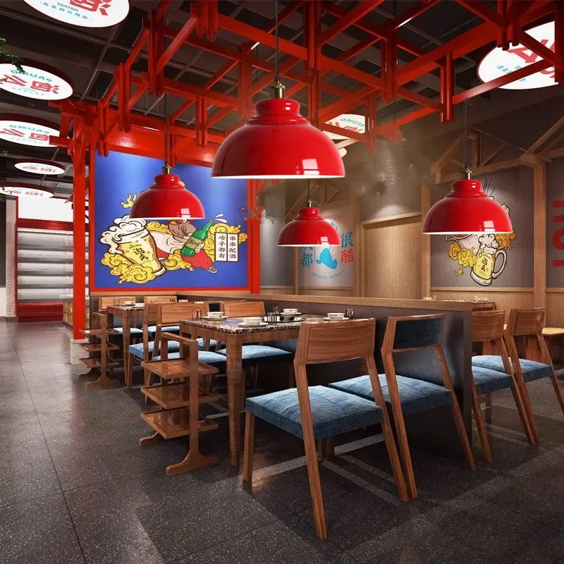 American Retro Red Industrial Pendant Lamp – Modern LED Iron Art Lighting for Restaurants and Hot Pot Decor