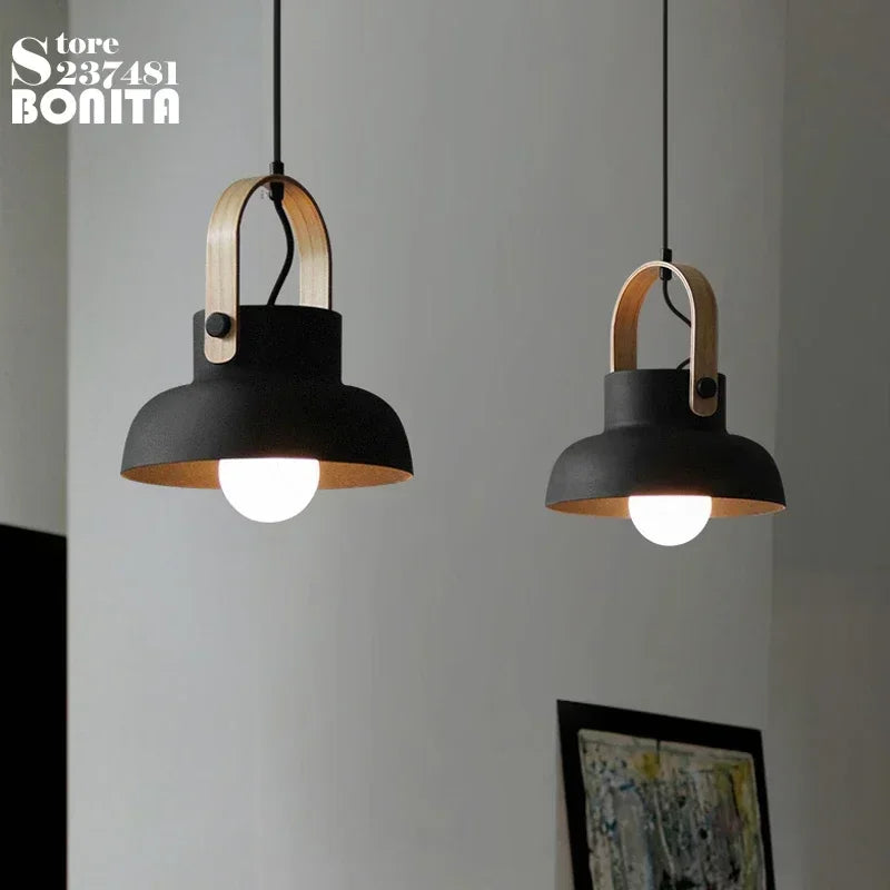Iron Ring Wooden Grain Pendant Light – Minimalist Nordic Hanging Lamp for Showrooms, Bedrooms, and Dining Rooms