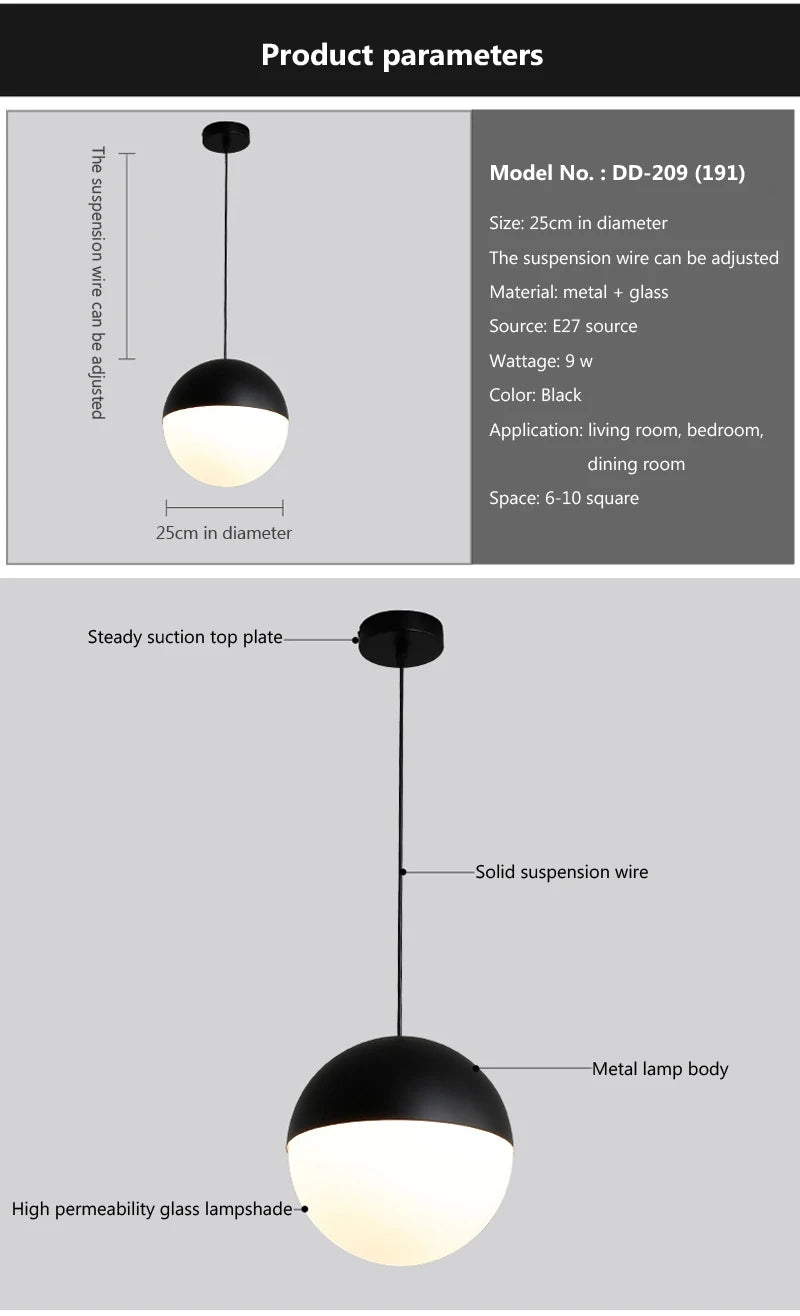 Modern Glass Ball Pendant Light – Black Round Hanging Lamp for Dining Rooms, Kitchens, and Bedrooms