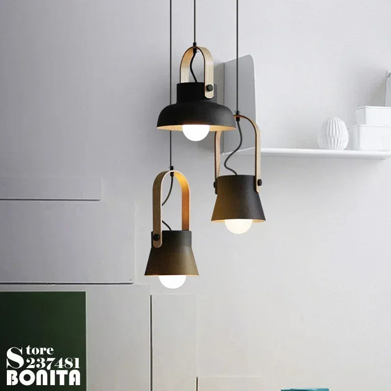Iron Ring Wooden Grain Pendant Light – Minimalist Nordic Hanging Lamp for Showrooms, Bedrooms, and Dining Rooms