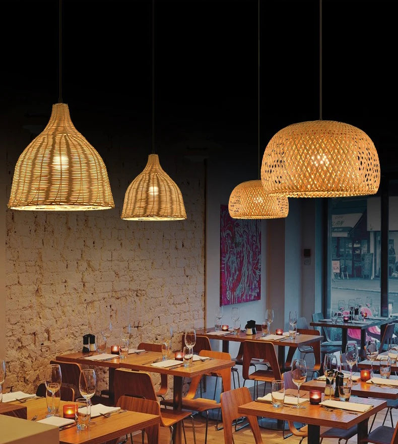 Hand-Woven Bamboo Lantern Pendant Light – 30cm Natural Rattan Wicker E27 LED Chandelier Lampshade for Elegant Lighting Decor