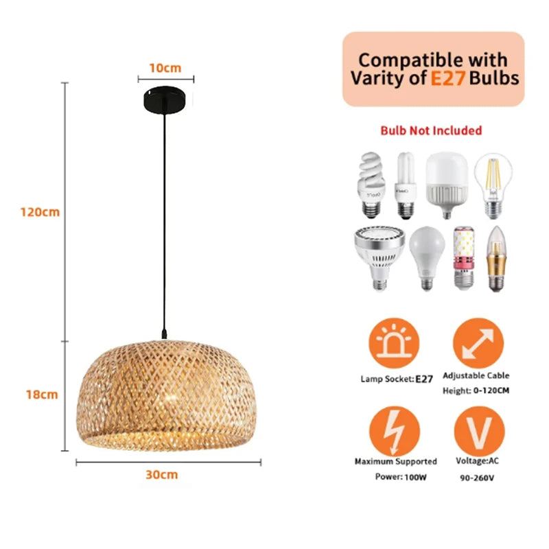 Hand-Woven Bamboo Lantern Pendant Light – 30cm Natural Rattan Wicker E27 LED Chandelier Lampshade for Elegant Lighting Decor