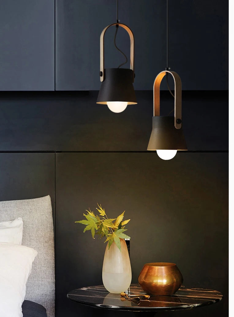 Iron Ring Wooden Grain Pendant Light – Minimalist Nordic Hanging Lamp for Showrooms, Bedrooms, and Dining Rooms